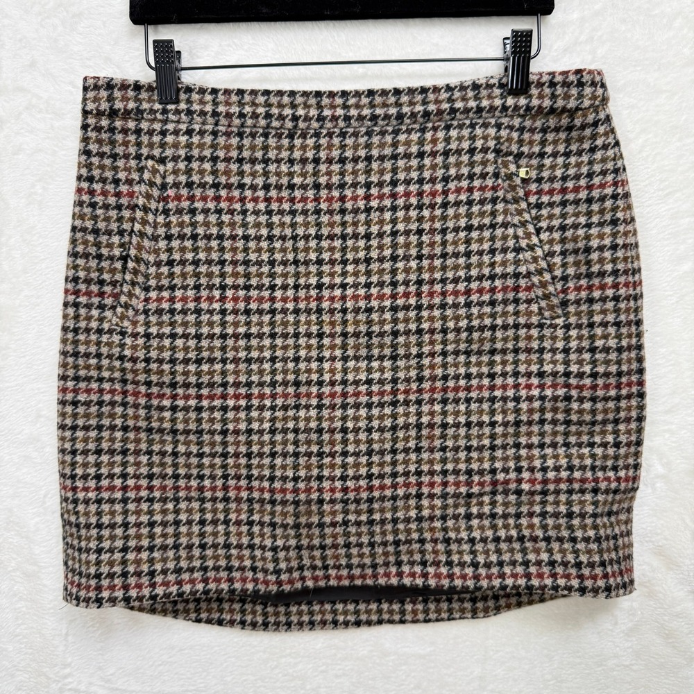 J.Crew Mini Skirt Womens 8 Brown Houndstooth Plaid 100%‎ Wool Pockets Pocket